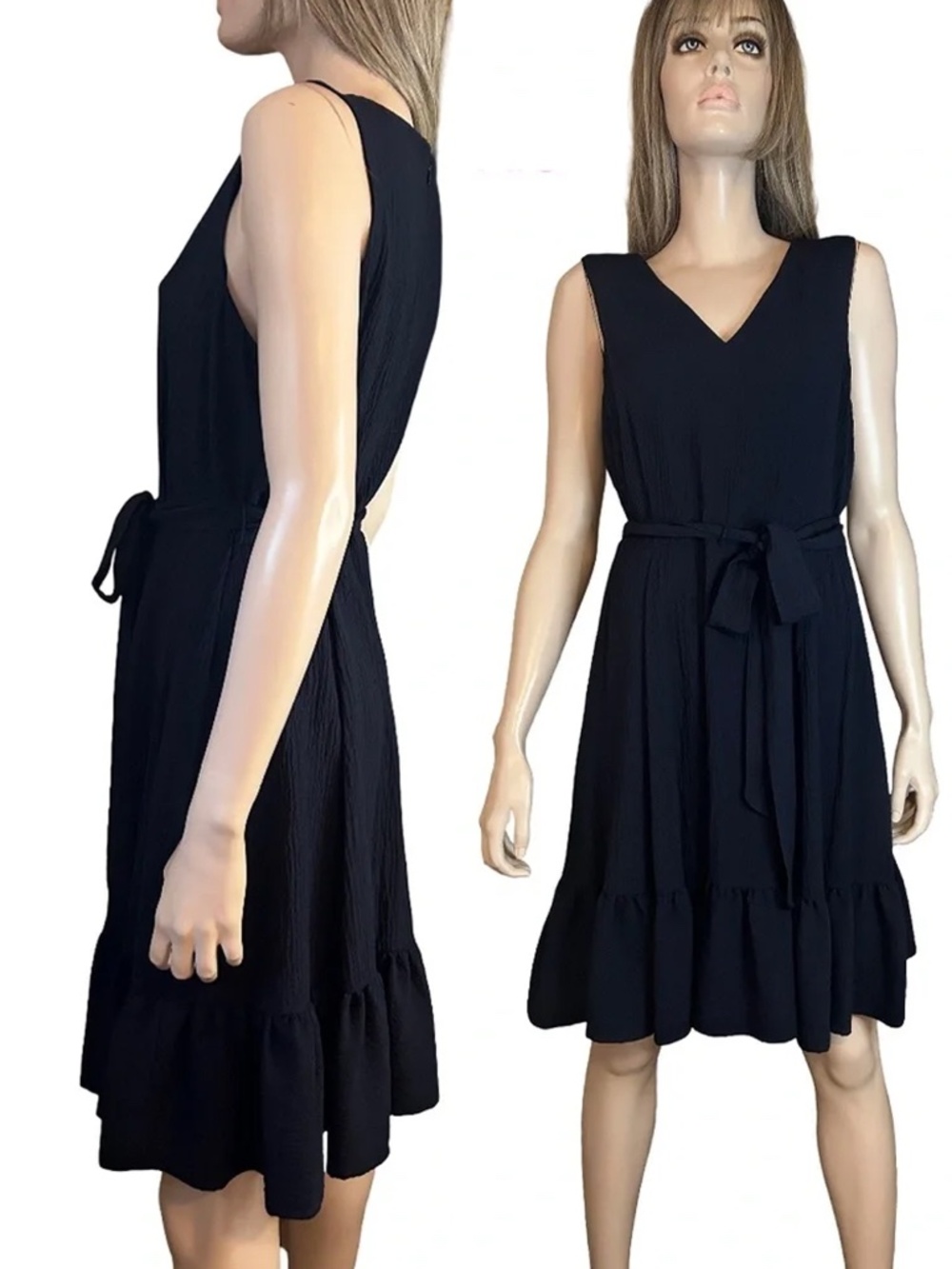 Calvin Klein Tiered Dress Fit and Flare Sleeveless Belted Pockets Navy Blue